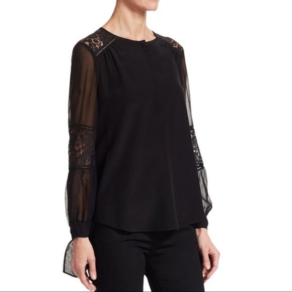 REBECCA TAYLOR Sarah Silk Lace-Panel Top in Black - Size 6 NWT - Picture 3 of 6